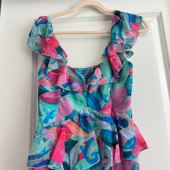 Show Me Your Mumu Reese Ruffle Midi Dress in Hibiscus Punch Crinkle Sz M - Picture 6 of 13